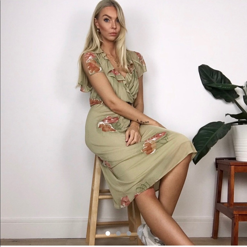 khaki green floral midi dress